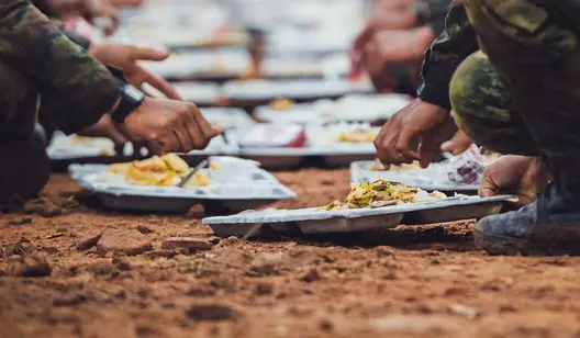 Hände greifen nach Essen von Tellern am Boden