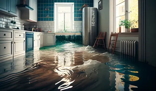 Blick in eine überschwemmte Küche mit viel Wasser am Boden