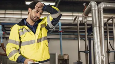 Tired engineer worker hard work fatigue male staff factory hot weather