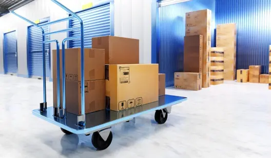 Kartonkisten in Raum und auf Wagen gelagert