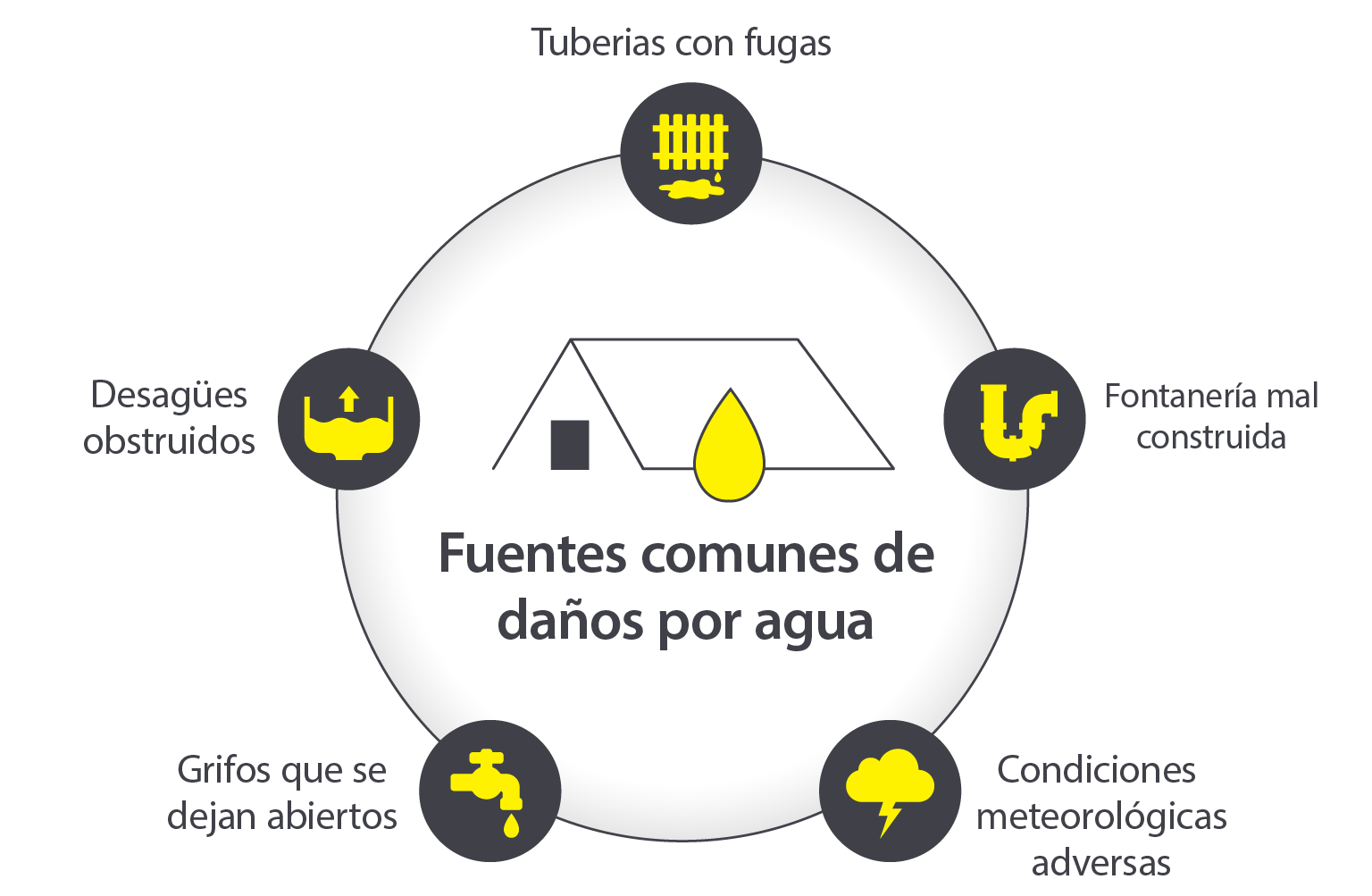 Una infografía que ilustra 5 fuentes comunes de daños causados por el agua: radiadores con fugas, tuberías mal construidas, condiciones meteorológicas adversas, grifos abiertos y desagües obstruidos.