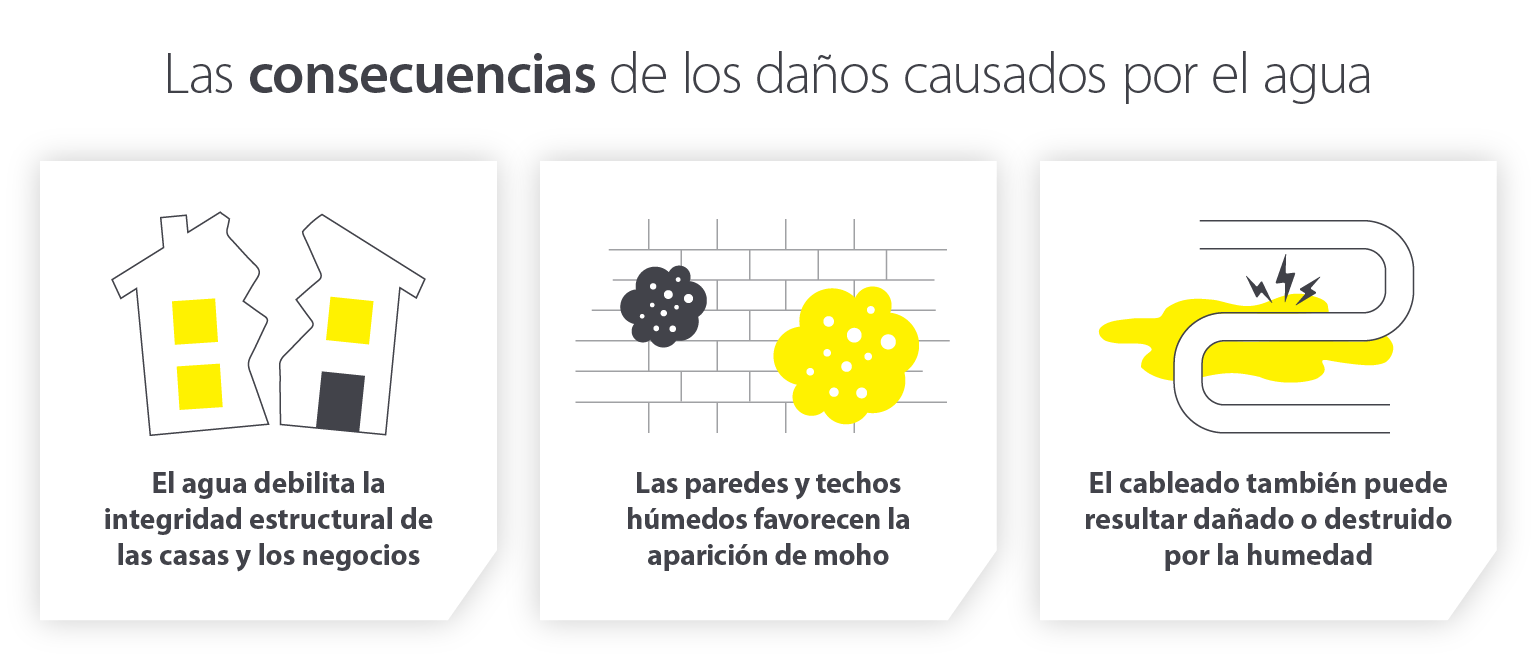 Una infografía sobre las 3 consecuencias de los daños causados por el agua: debilitamiento de la integridad estructural, fomento de la aparición de moho y daños en el cableado