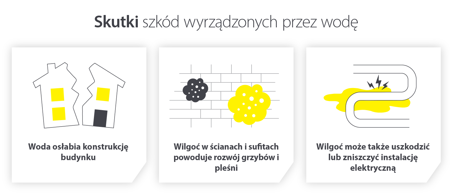 Infografika dotycząca 3 skutków związanych ze szkodami spowodowanymi przez wodę: osłabienie integralności konstrukcji, szybszy rozwój pleśni i grzybów oraz uszkodzenie instalacji elektrycznej