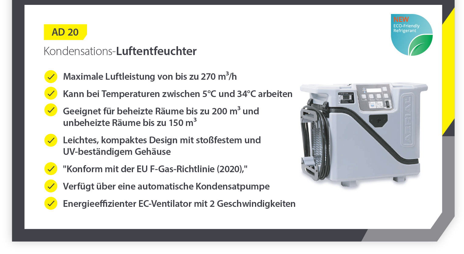Produktvorstellung des tragbaren Kondensationsentfeuchters AD20 mit Funktionsliste - Infografik