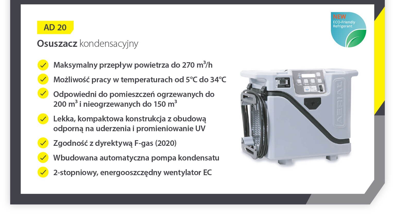 Prezentacja produktu przenośny osuszacz kondensacyjny AD20 z listą funkcji - Infografika