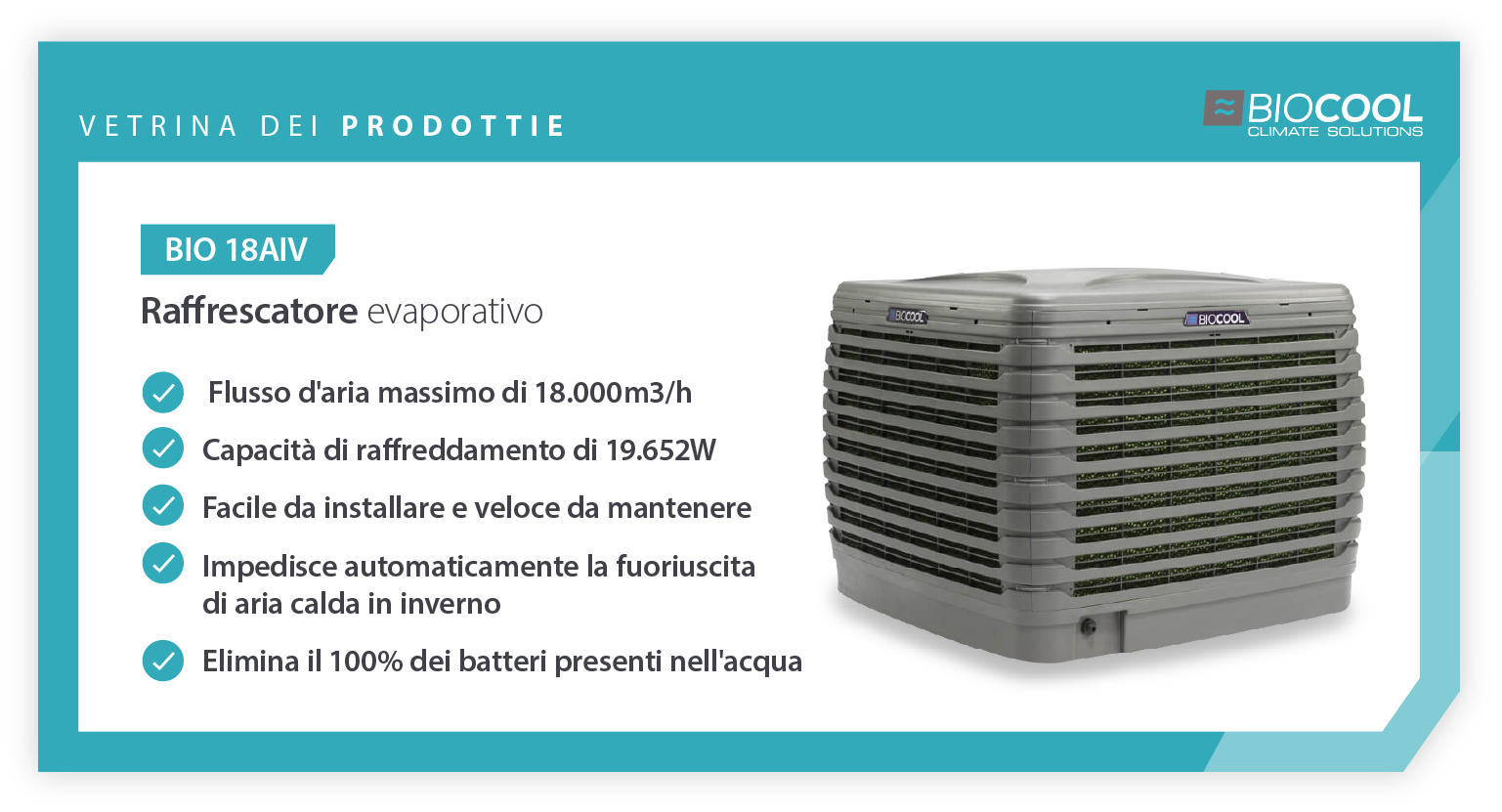 Product showcase of Biocool BIO 18AIV evaporative cooler for automotive industry usage