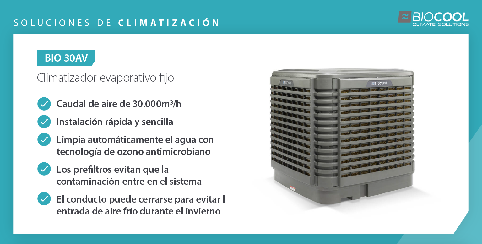 Product showcase comparing features of Biocool fixed and portable evaporate cooler units for warehouses