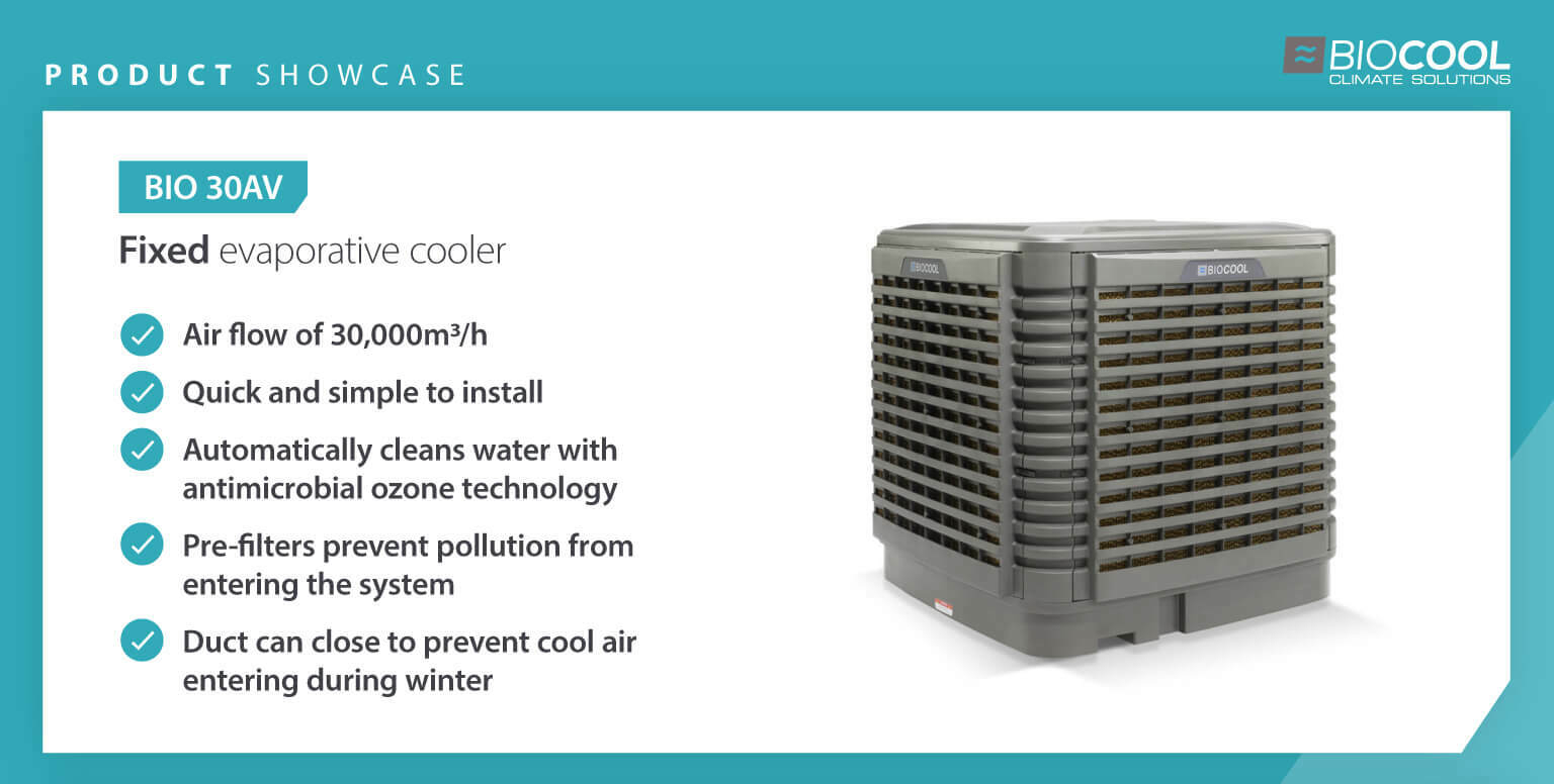Product showcase comparing features of Biocool fixed and portable evaporate cooler units for warehouses