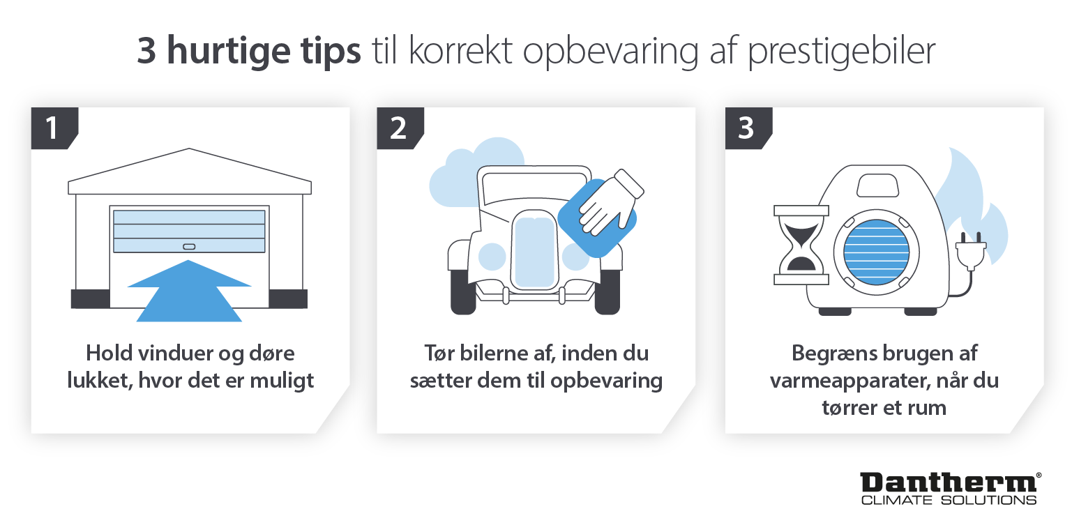 3 tips til prestige bilopbevaring. Begræns varmen. Hold vinduerne lukkede. Tør biler - infografisk billede