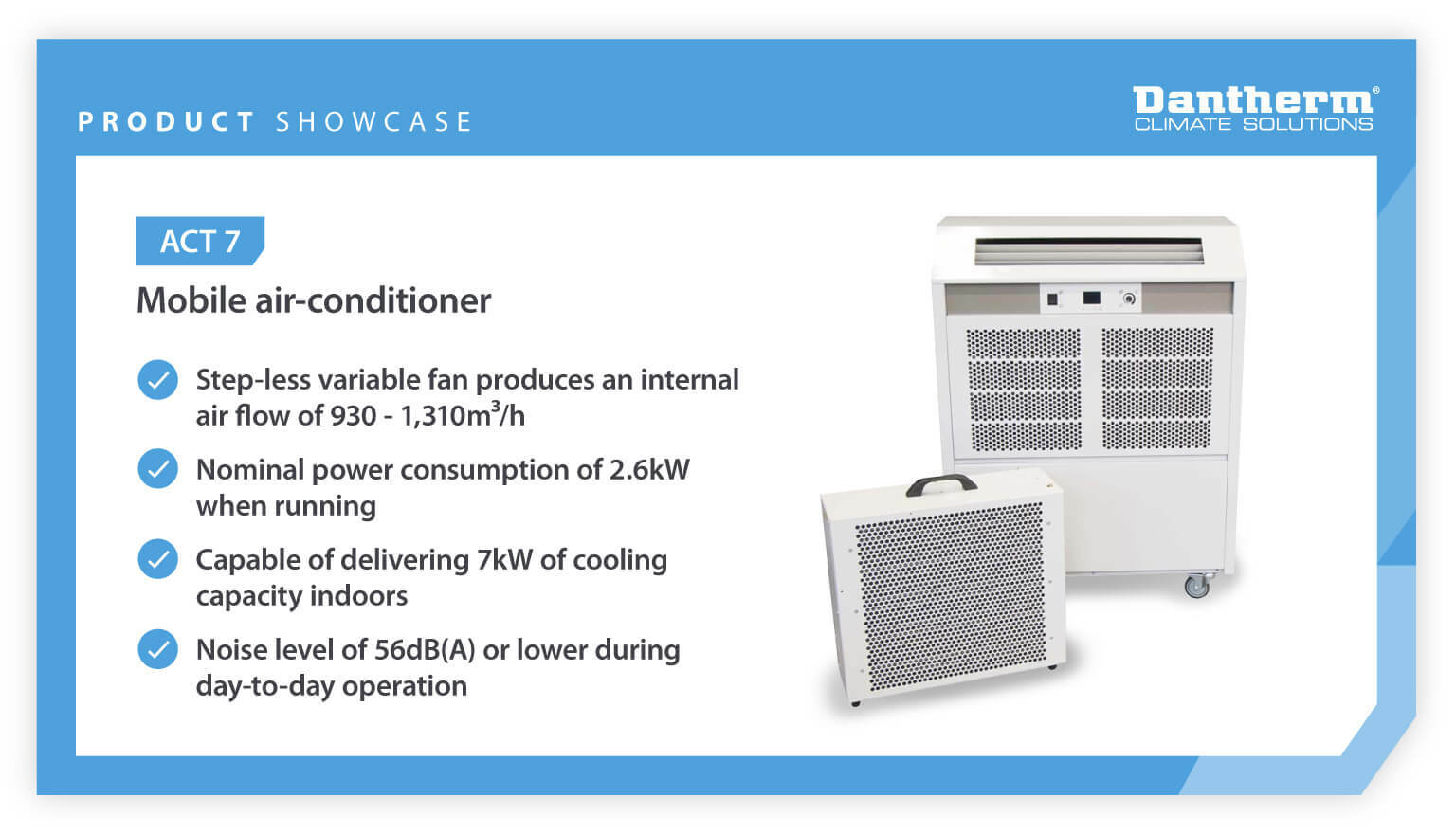 Product showcase for Dantherm ACT 7 Mobile air conditioner features - Infographic image