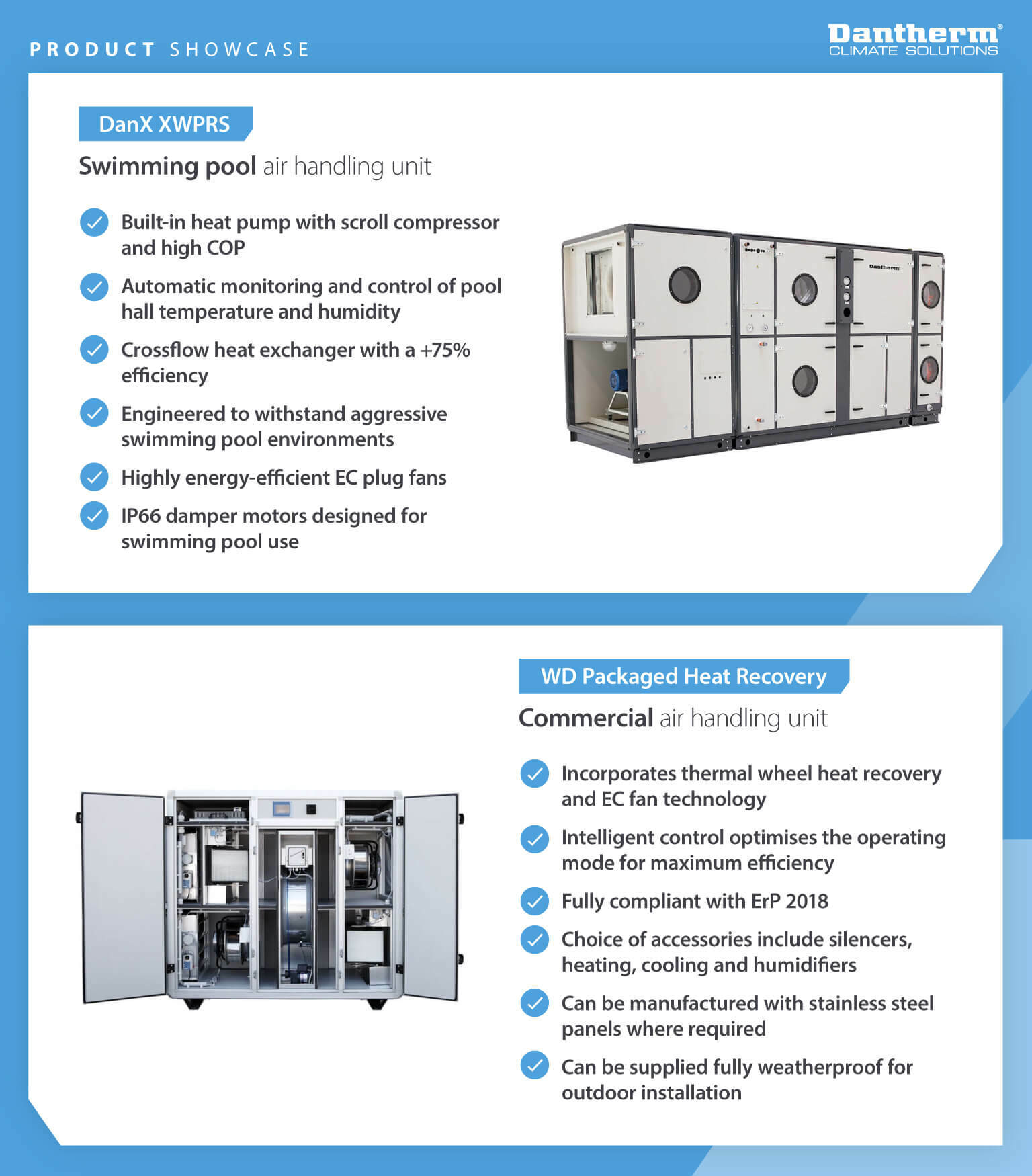 Product showcase comparing Dantherm commercial and swimming pool air handling units features for leisure centres - Infographic