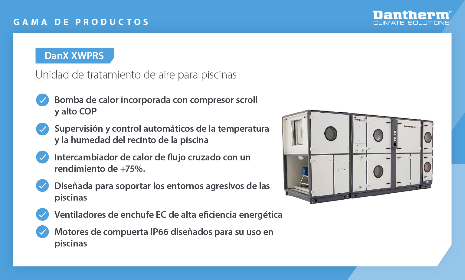 Exposición de productos que compara las características de las unidades de tratamiento de aire comerciales y de piscina de Dantherm para centros de ocio - Infografía