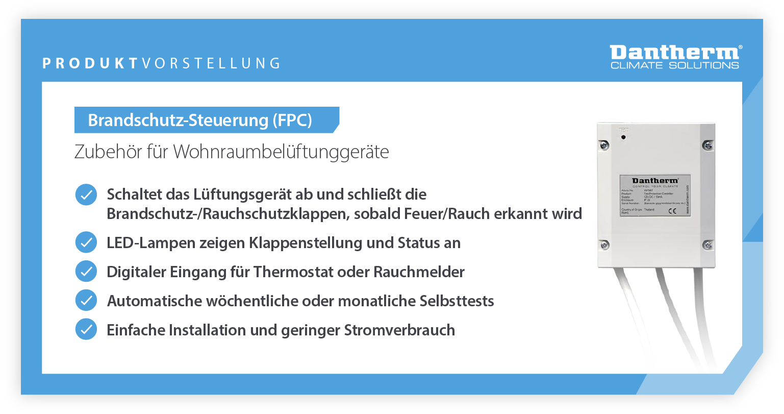 Product showcase of FPC (Fire Protection Controller) used with ventilation units - infographic image