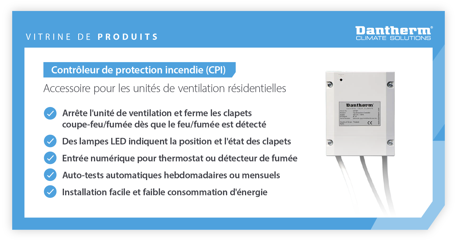 Product showcase of FPC (Fire Protection Controller) used with ventilation units - infographic image