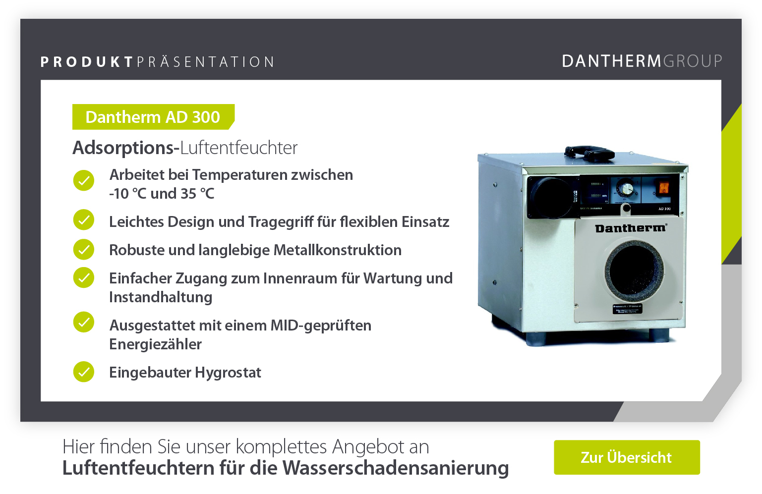 Product showcase of Dantherm AD 300 adsorption dehumidifier features