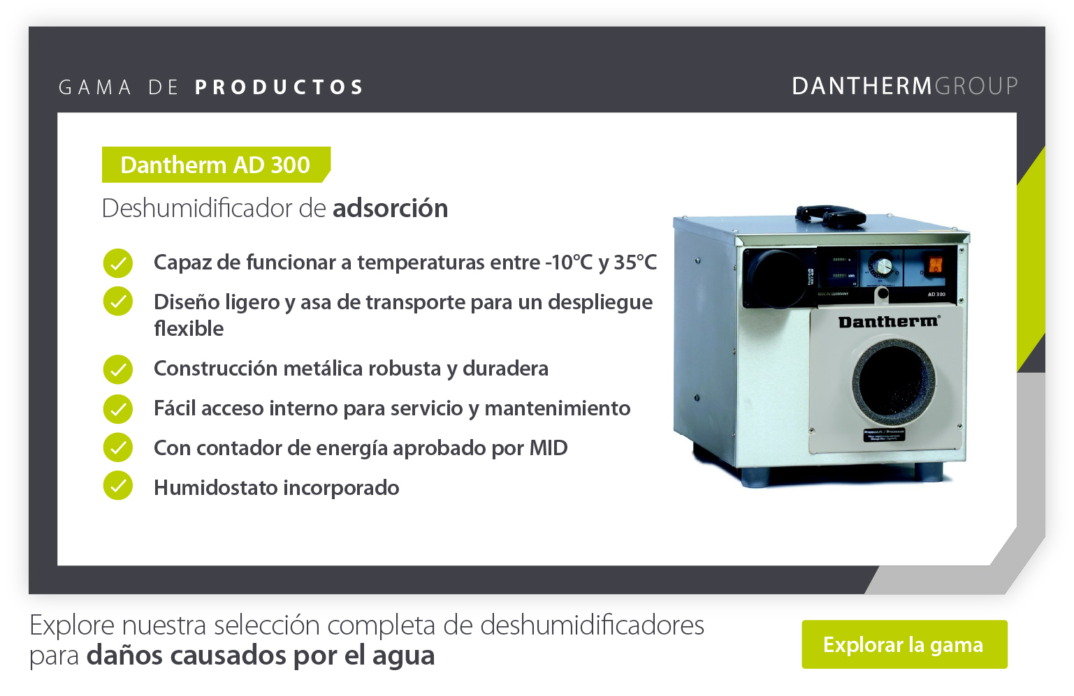 Product showcase of Dantherm AD 300 adsorption dehumidifier features