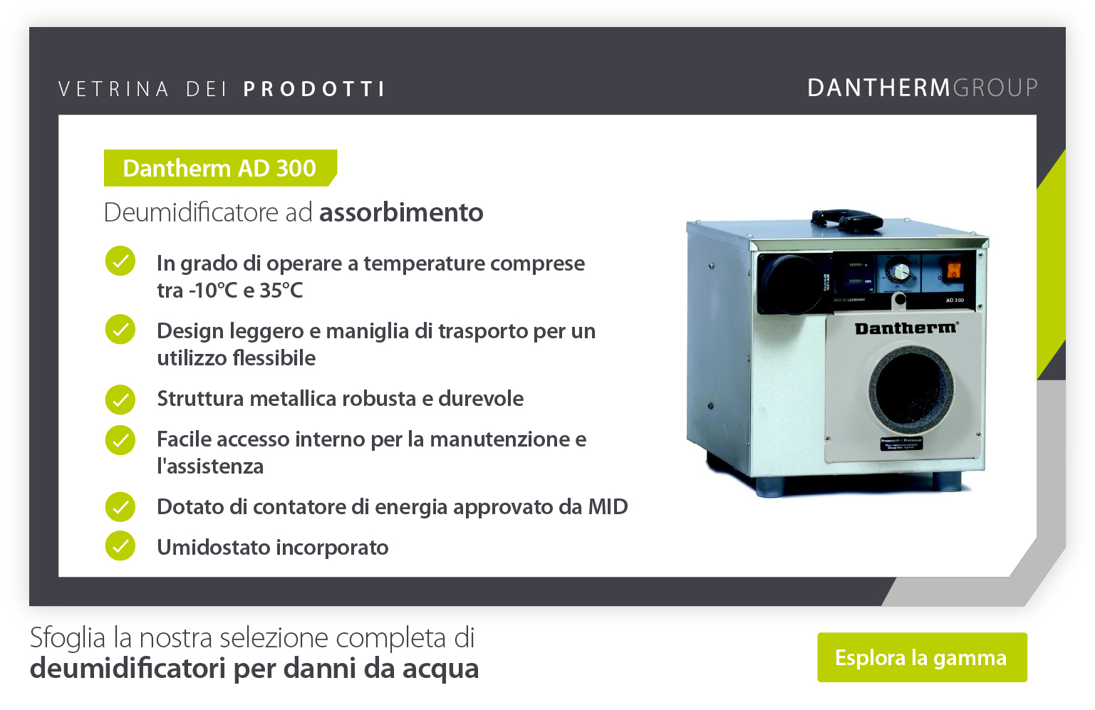 Product showcase of Dantherm AD 300 adsorption dehumidifier features