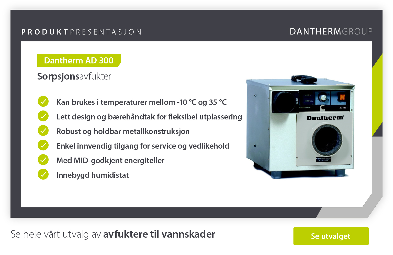 Product showcase of Dantherm AD 300 adsorption dehumidifier features