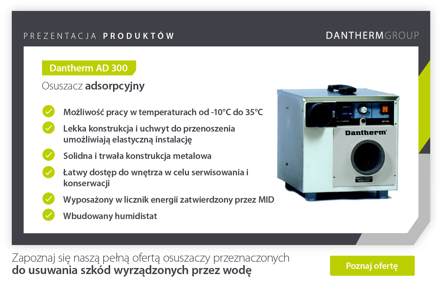 Product showcase of Dantherm AD 300 adsorption dehumidifier features