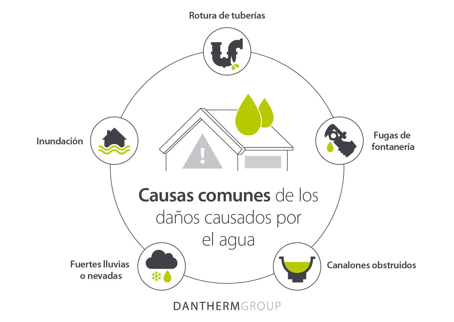 Causas comunes de los daños causados por el agua: fugas, inundaciones, tuberías rotas y canalones obstruidos - Imagen infográfica