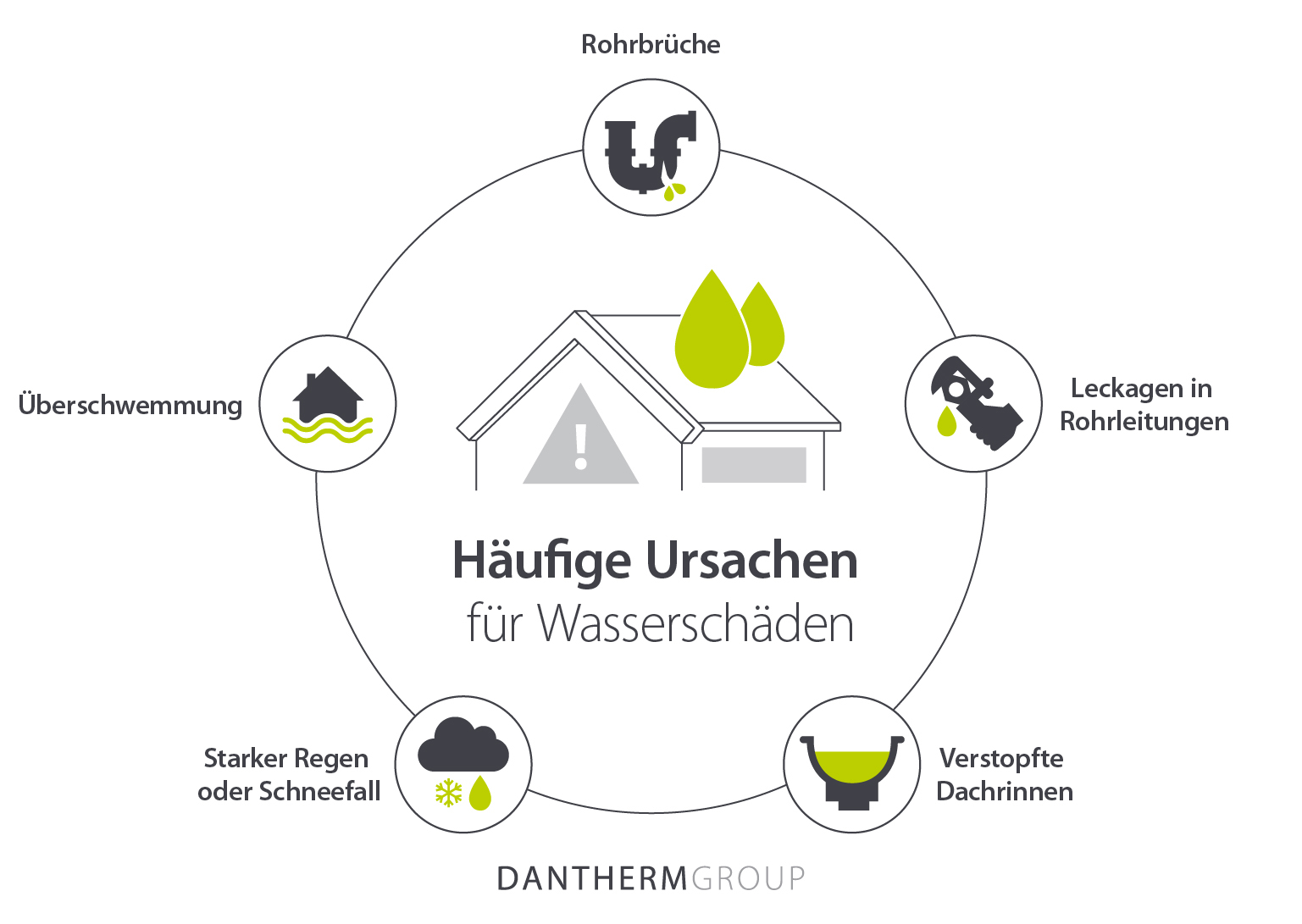 Häufige Ursachen für Wasserschäden wie Leckagen, Überschwemmungen, Rohrbrüche und verstopfte Dachrinnen - Infografik