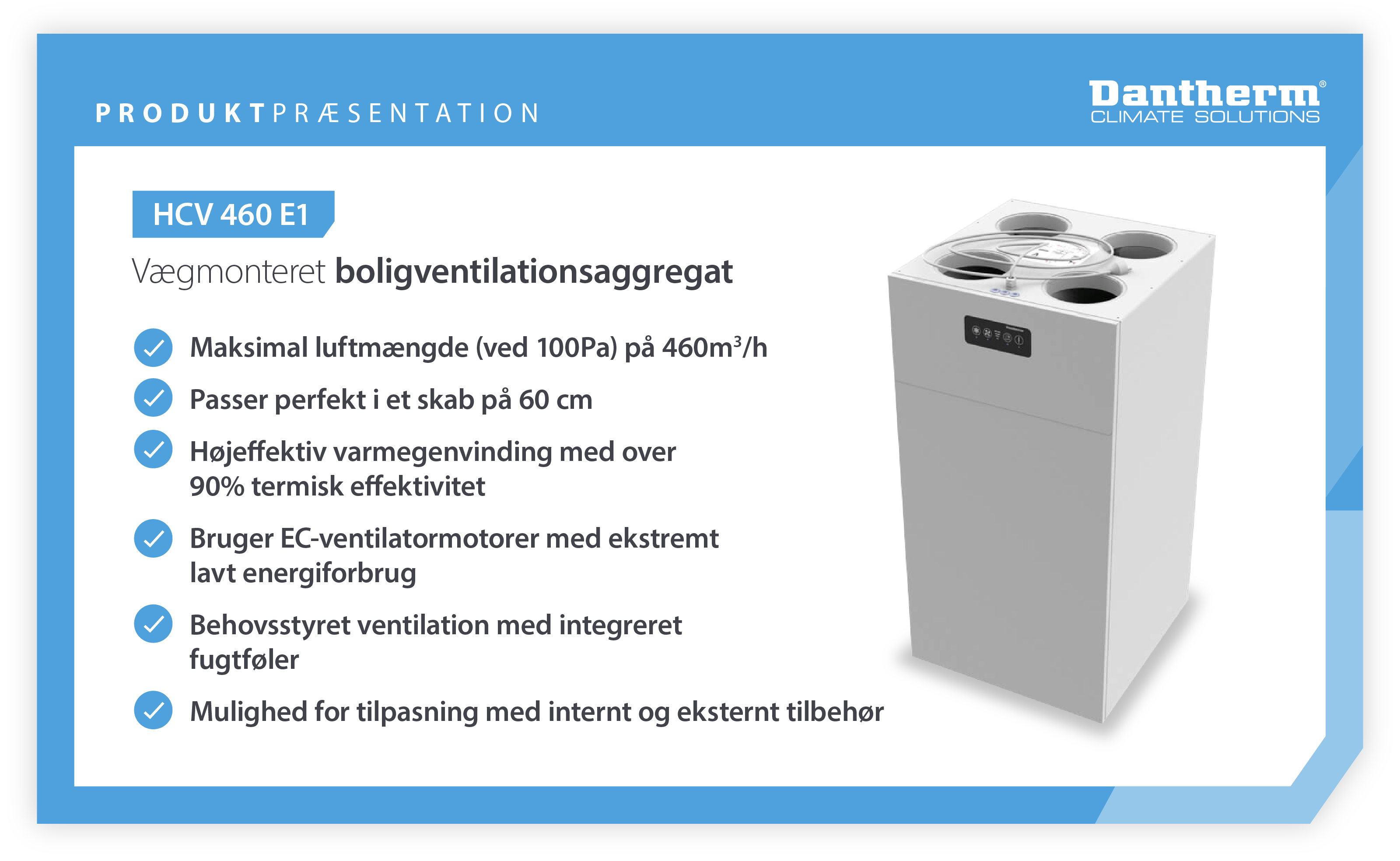 Produktshowcase for Dantherm vægmonteret boligventilationsenhed HCV 460 E1 med funktioner og fordele - Infografisk billede