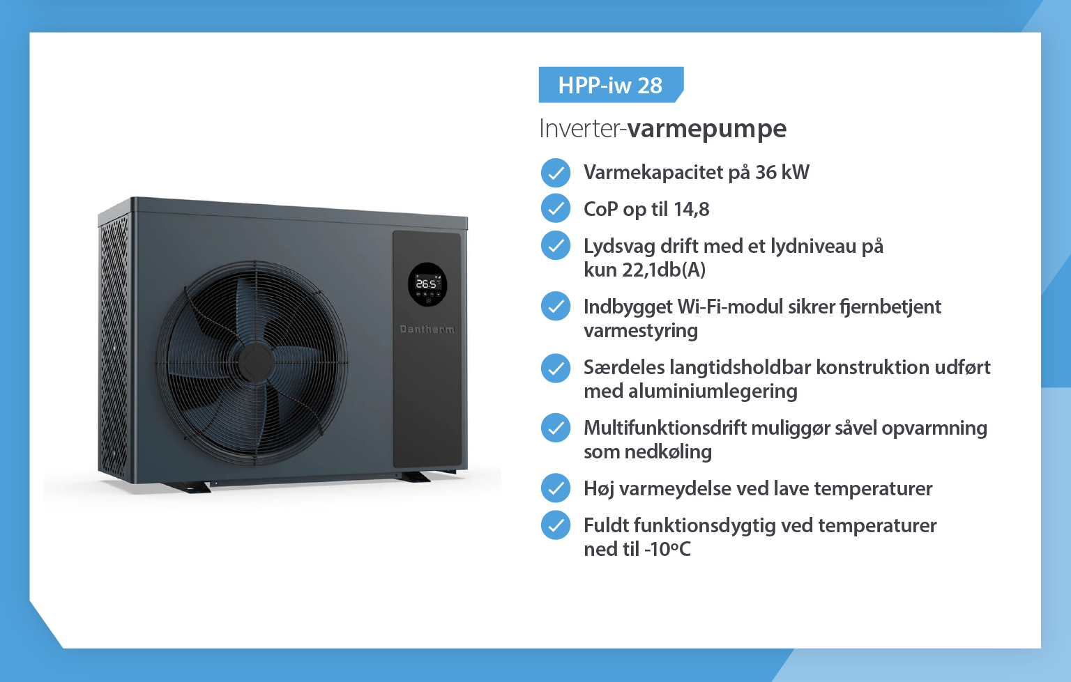 Produktpræsentation, der sammenligner 2 Dantherm invertervarmepumper til swimmingpools med oplysninger om egenskaber.