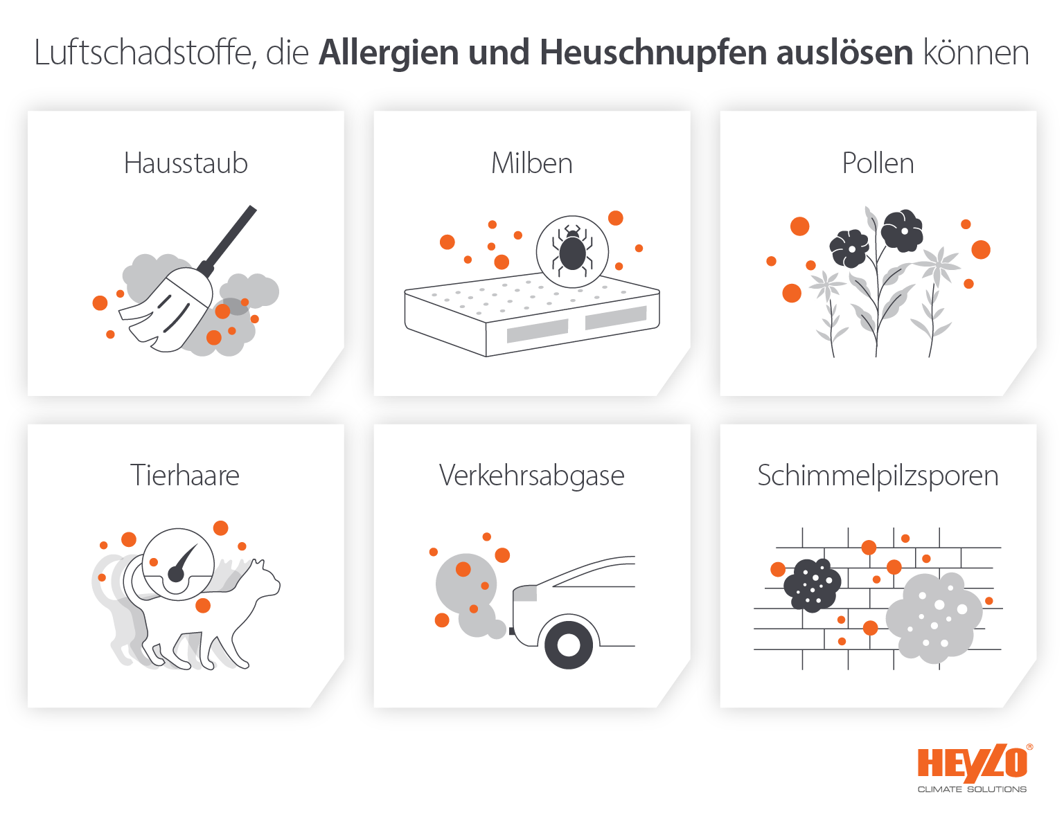 Air pollutants that can trigger allergies and hayfever like dust, mites, mould spores, animal hair and fumes - Infographic image