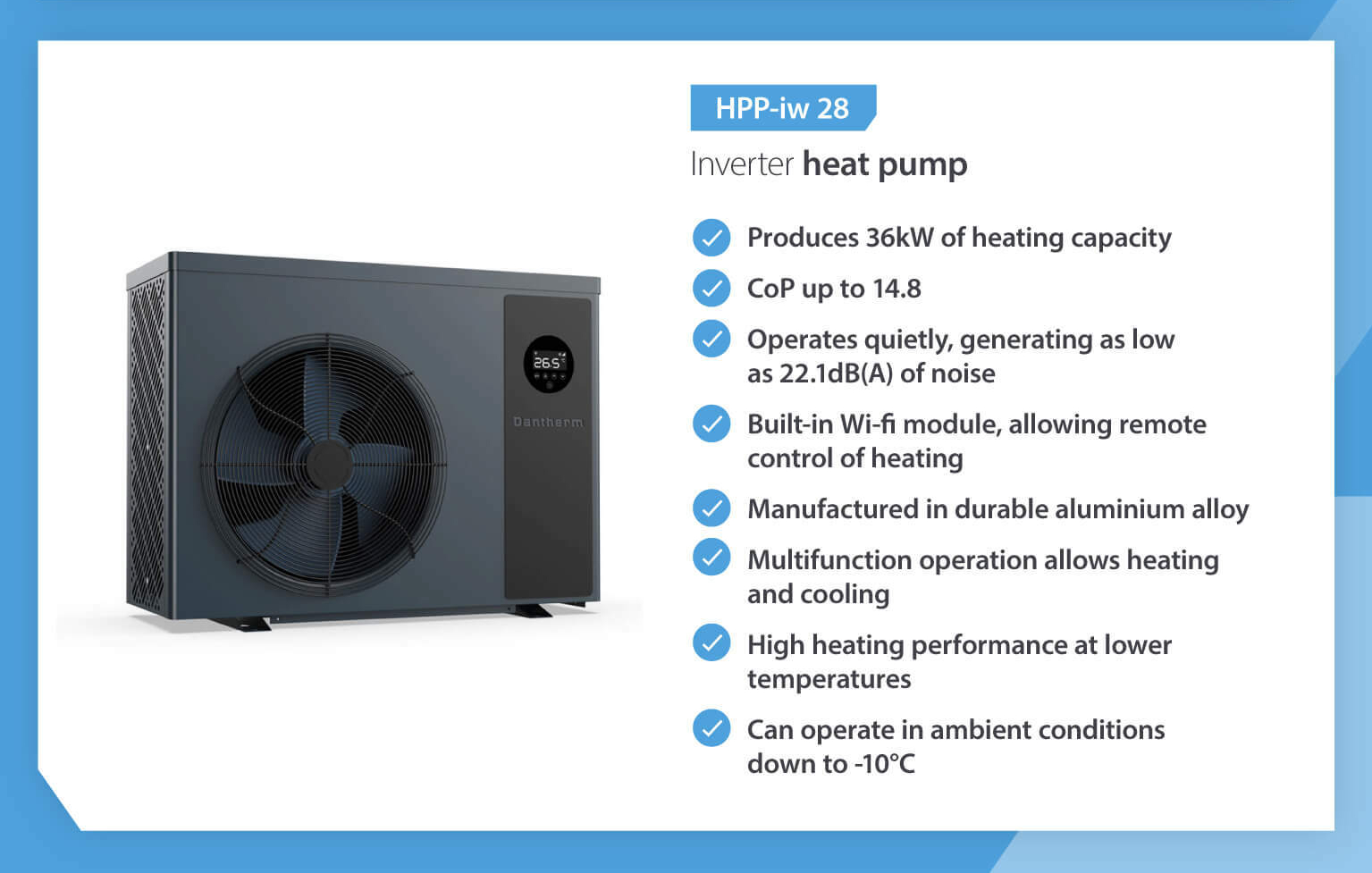 Product showcase comparing 2 Dantherm inverter swimming pool heat pump models with features information.