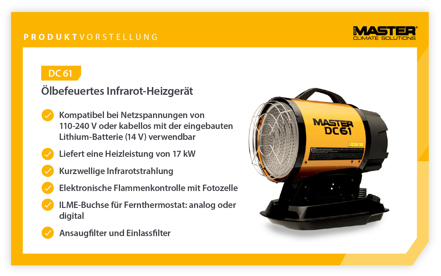 Produktvorstellung der Funktionen des Master DC61 Infrarotstrahlers - Infografik