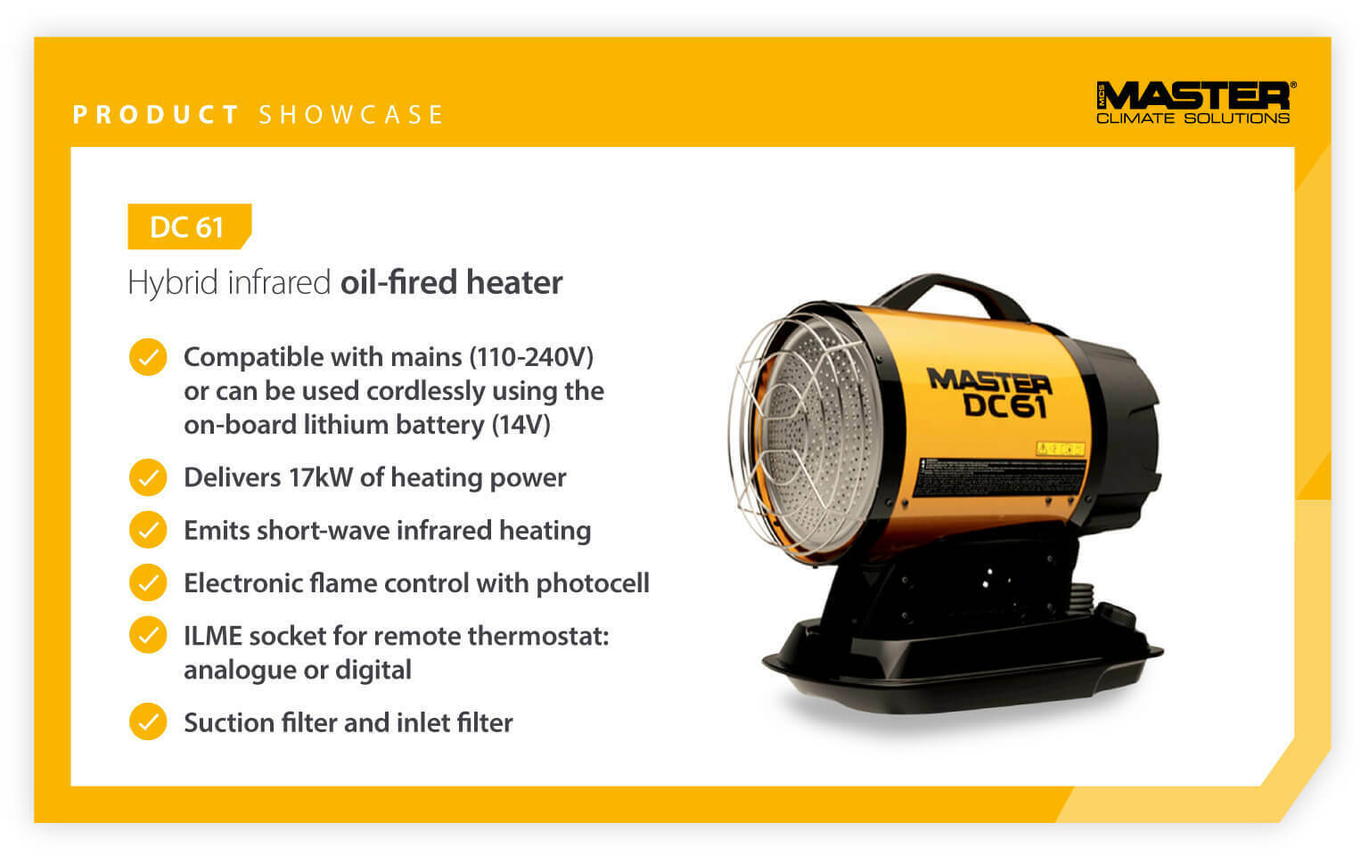 Product showcase of Master DC61 infrared heater features - Infographic