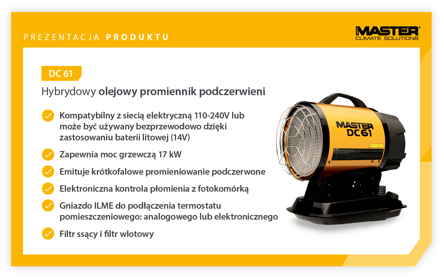 Prezentacja produktu - cechy promiennika podczerwieni Master DC61 - Infografika
