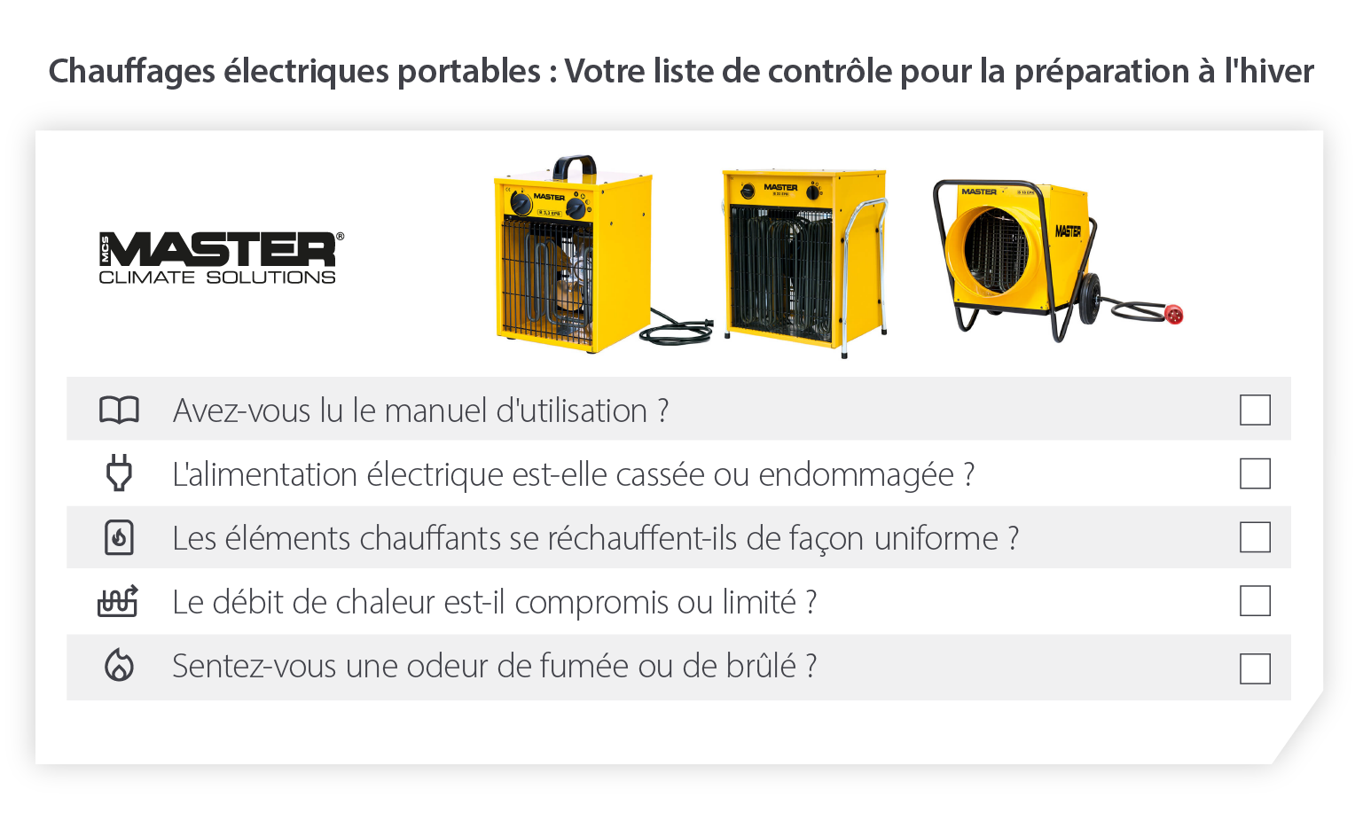Liste de contrôle hivernale pour les chauffages électriques portables - préparer le chauffage pour les températures froides - Image infographique