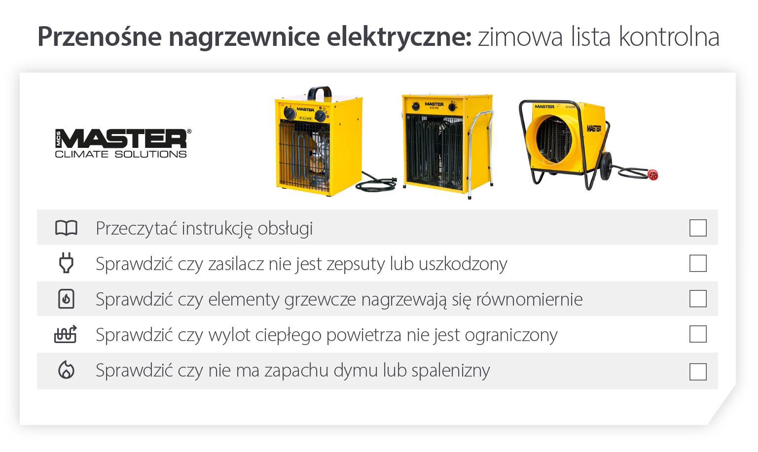 Zimowa lista kontrolna dla przenośnych grzejników elektrycznych - przygotowanie grzejnika do niskich temperatur - Infografika
