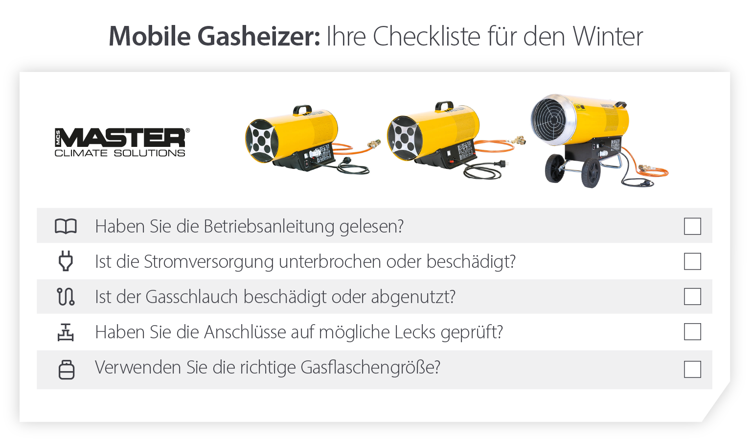 Checkliste für die Vorbereitung von tragbaren Gasheizungen auf den Winter, um sicherzustellen, dass die Heizungen bei kalten Temperaturen funktionieren - Infografik