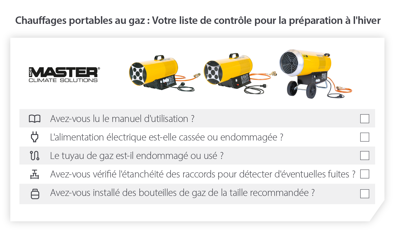 Liste de contrôle pour la préparation des chauffages portables au gaz en hiver afin de s'assurer que les chauffages fonctionnent par temps froid - Image infographique