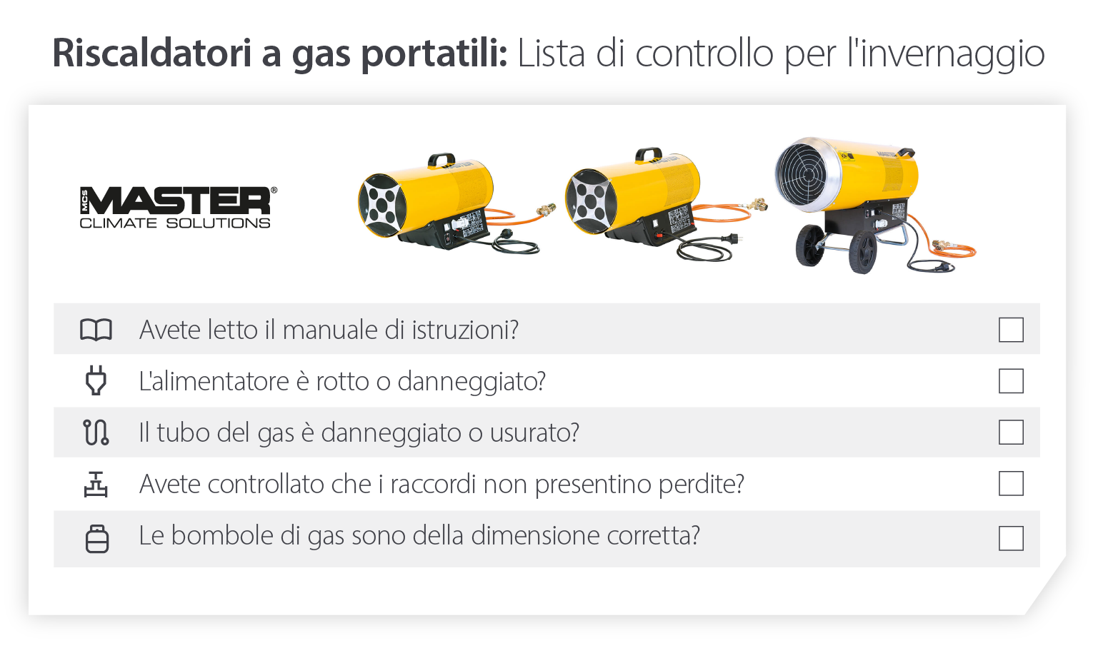 Lista di controllo per la preparazione dei riscaldatori portatili a gas invernali per garantire il funzionamento dei riscaldatori a basse temperature - Immagine infografica