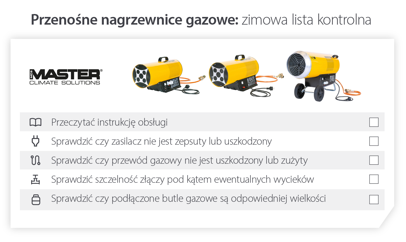 Winter gas fired portable heater preparation checklist list to ensure heaters work in cold temperatures - Infographic image
