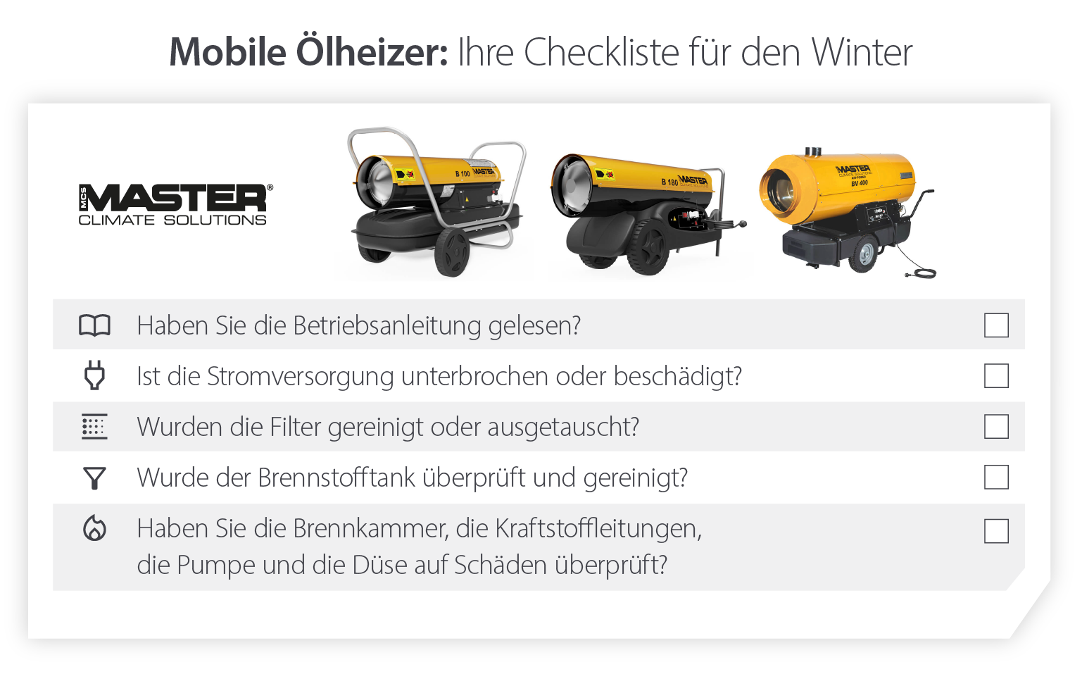 Checkliste zur Vorbereitung von Ölheizungen auf den Winter, um sicherzustellen, dass die Heizungen im Winter und bei kalten Temperaturen funktionieren - Infografik