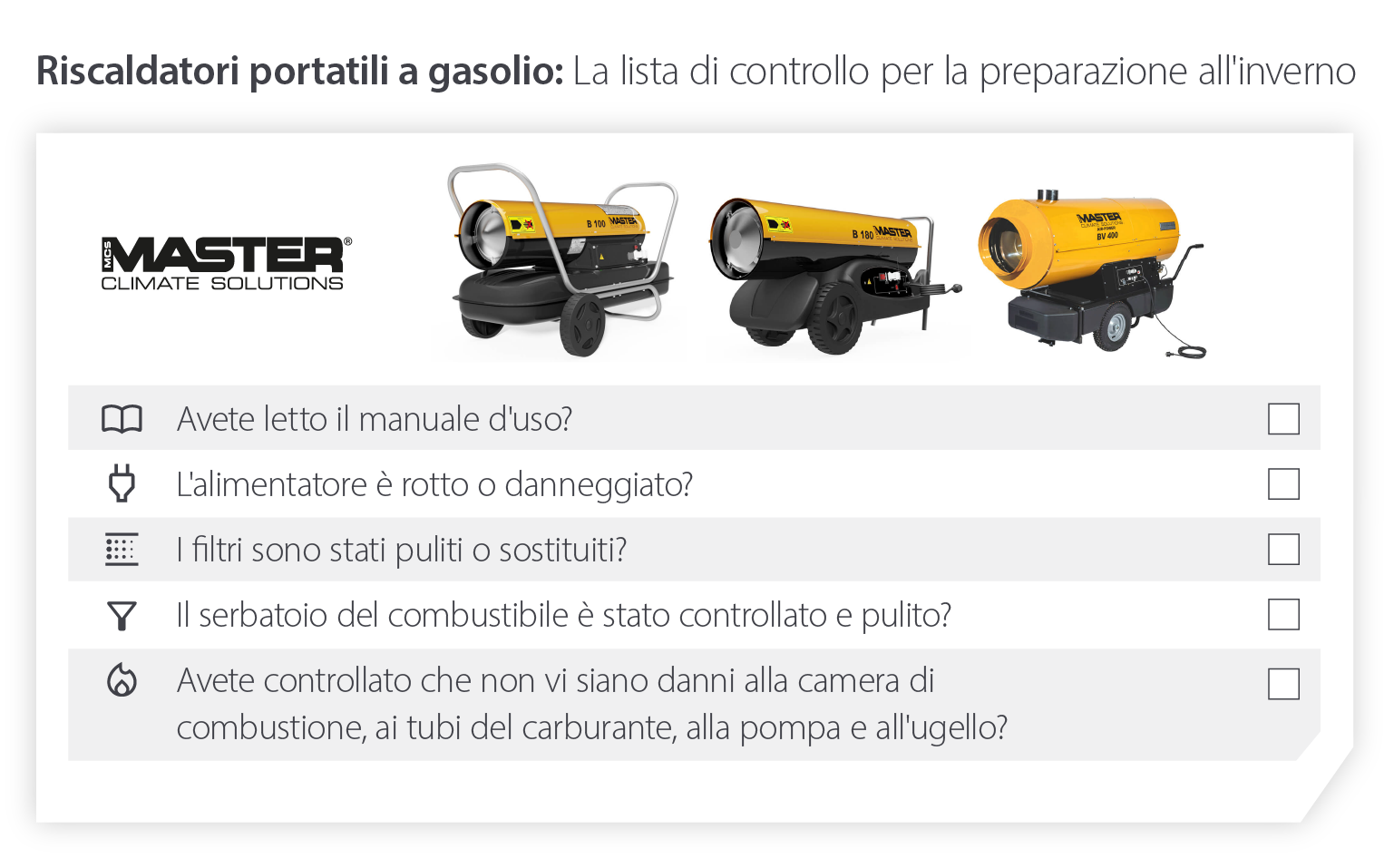 Lista di controllo per la preparazione dei riscaldatori invernali a gasolio per garantire il funzionamento dei riscaldatori in inverno e alle basse temperature - Immagine infografica