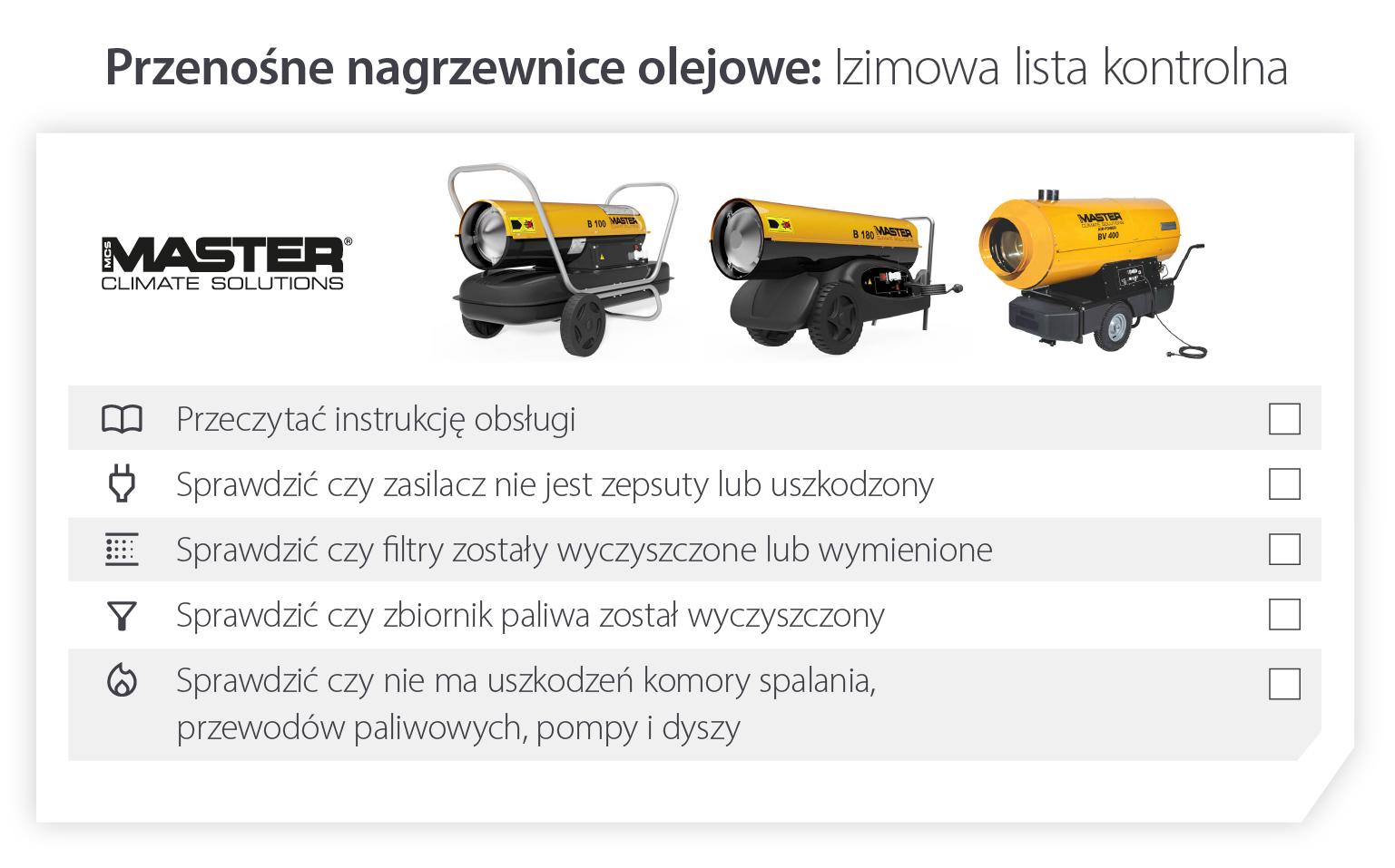 Lista kontrolna przygotowania nagrzewnic olejowych na zimę, aby zapewnić działanie nagrzewnic na zimę i niskie temperatury - Infografika