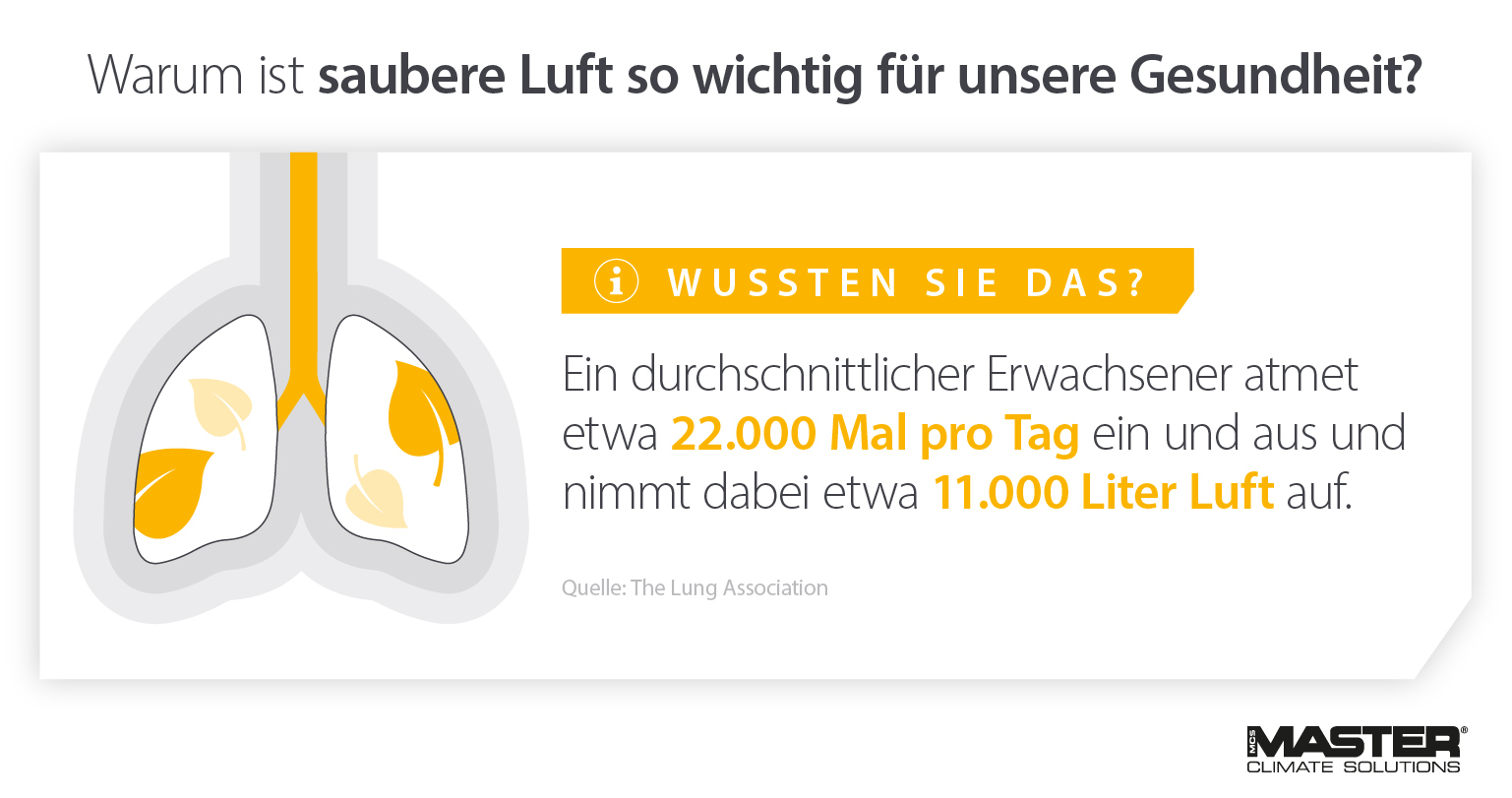 Warum saubere Luft wichtig für die Gesundheit ist, da Erwachsene 11.000 Liter Luft pro Tag einatmen - statistische Infografik