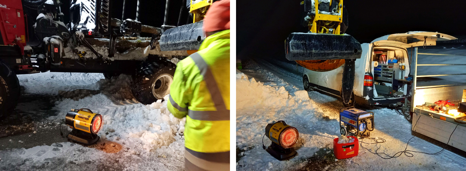 Commercial infrared heater in use on road - Infographic image